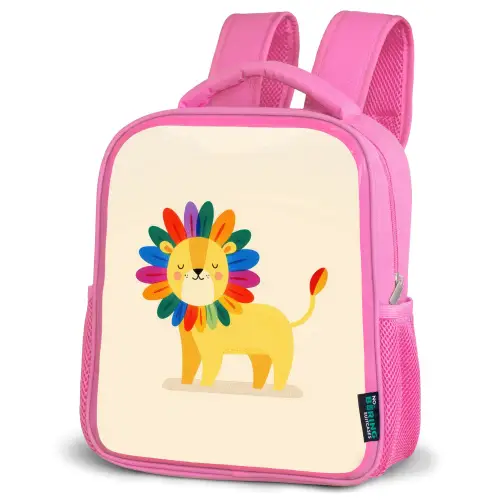 Leeuw - Kleurrijke manen - Beige Kinderrugzak - Roze middel -schuin
