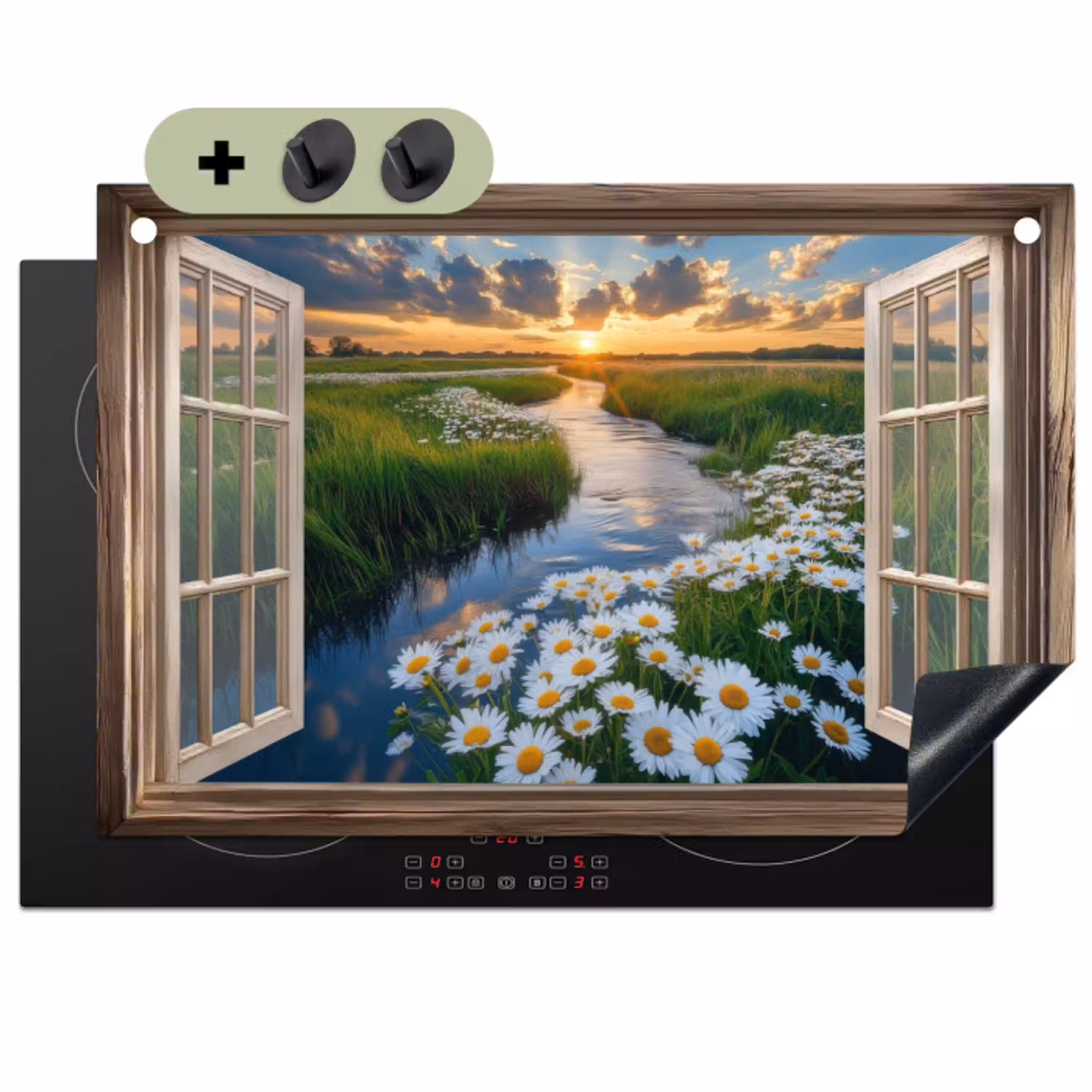 Doorkijk - Landschap - Raam - Water - Zonsondergang Inductie beschemer met haakjes klein -3d