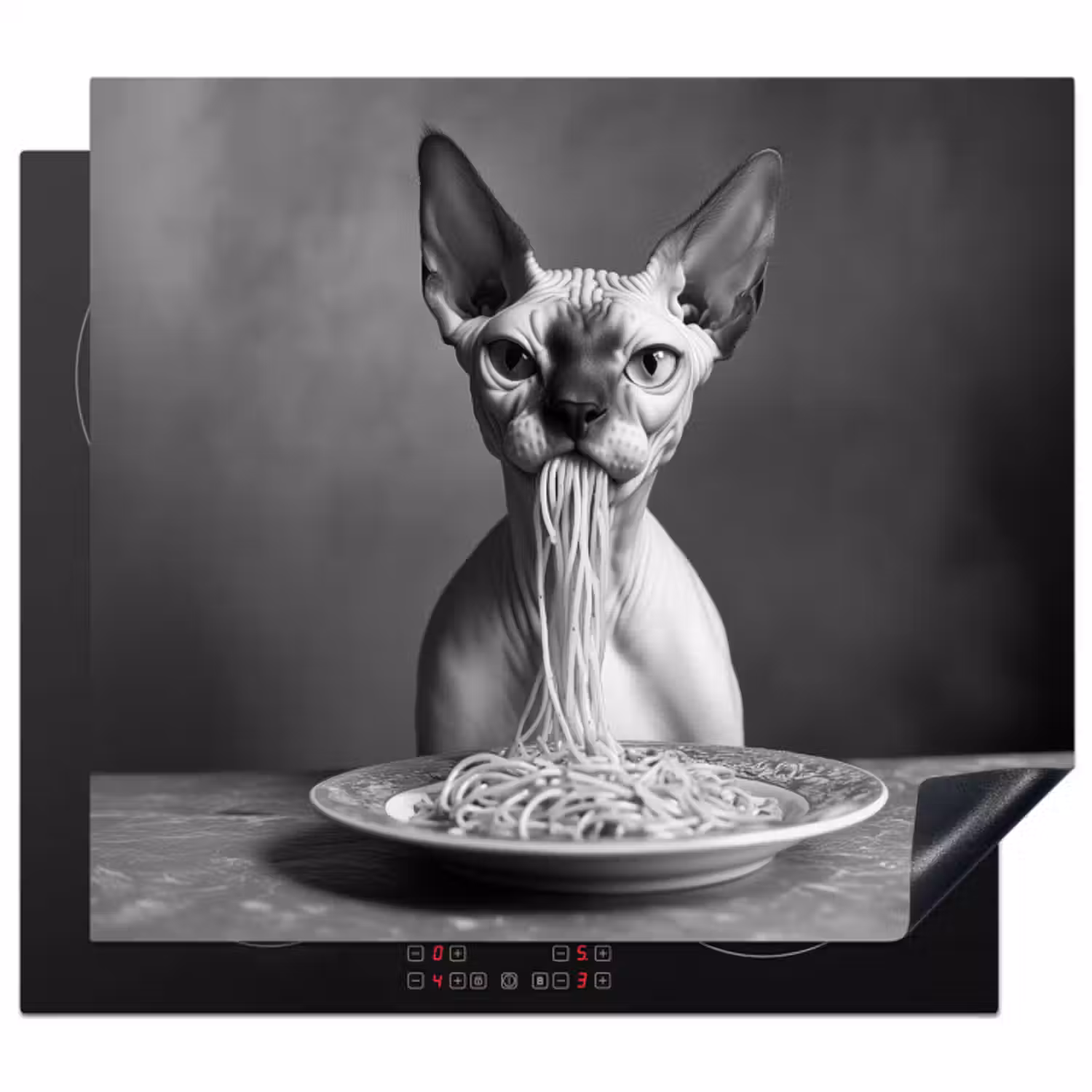 Inductie beschermer - Sphynx - Kat - Dieren - Humor - Spaghetti - Zwart Wit