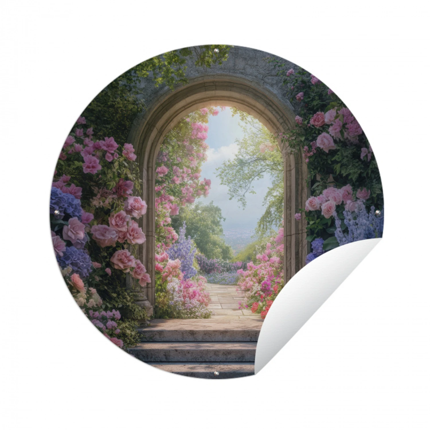 Doorkijk - Rozen - Vintage - Bloemen Wandcirkel tuinposter met ringen klein -3d