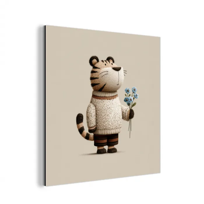 Tijger - Blauwe bloemen - Rustig aluminium wit klein -3d
