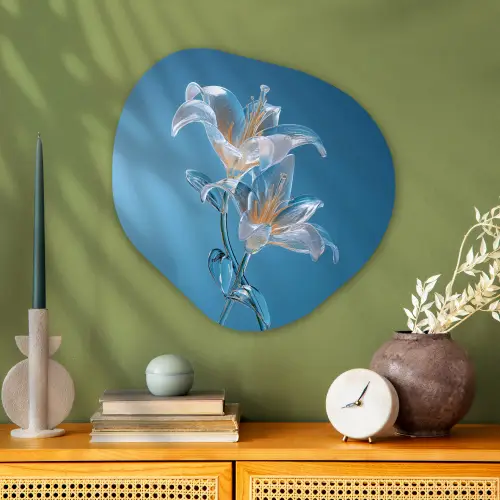 Lelies - Blauw - Glazen Wandcirkel Organisch Plexiglas middel -sfeer2