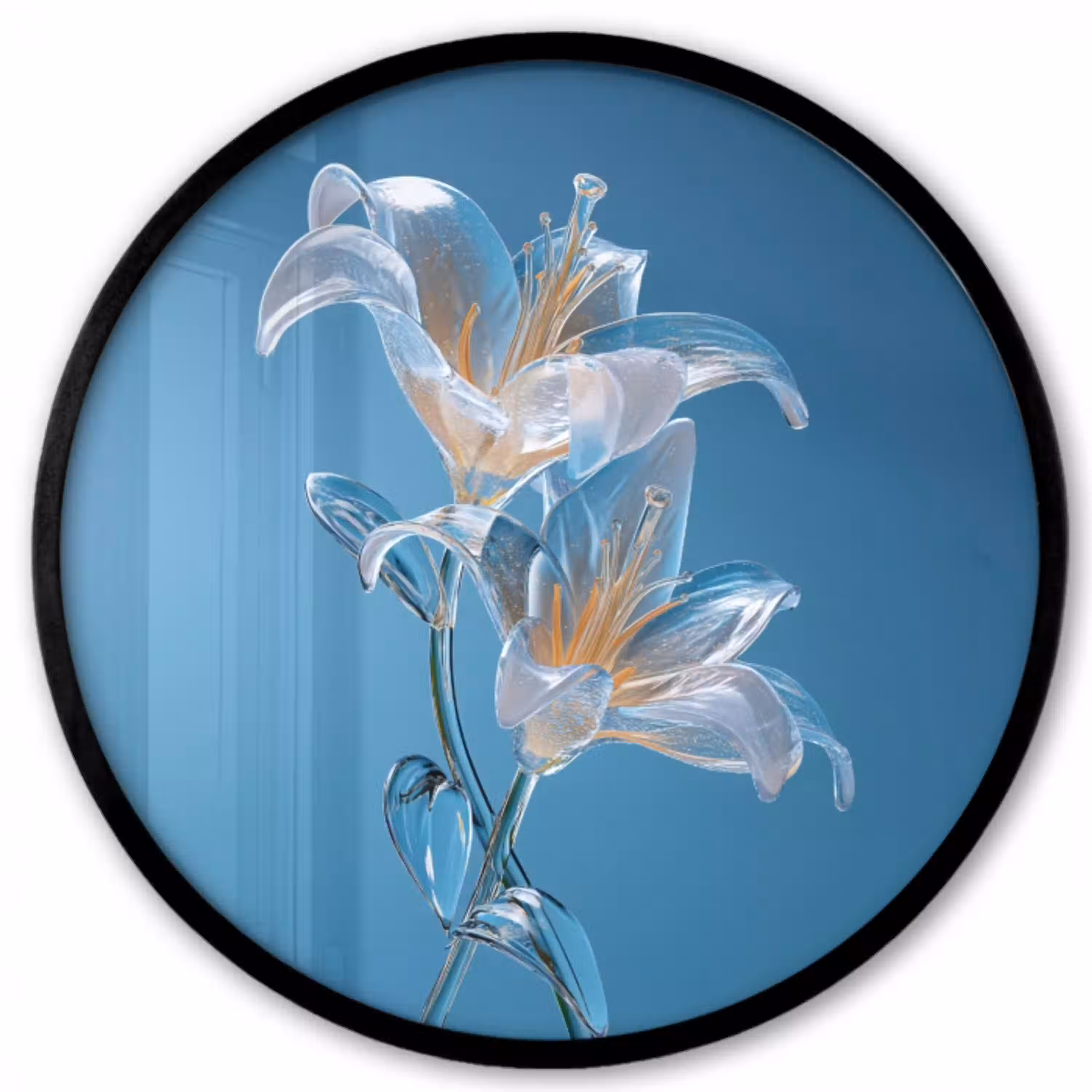 Lelies - Blauw - Glazen Fotolijst rond zonder passe partout klein -3d