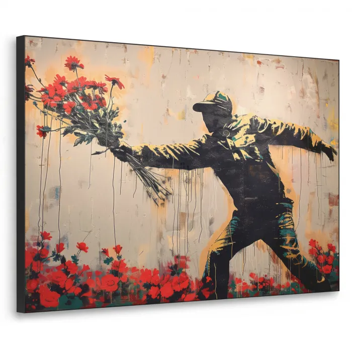 Street art - Man - Bloemen - Graffiti - Banksy Style Textielframe zwart klein -3d