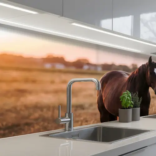 Paard - Zonsondergang - Bruin keuken achterwand 2 middel -3d_schuin