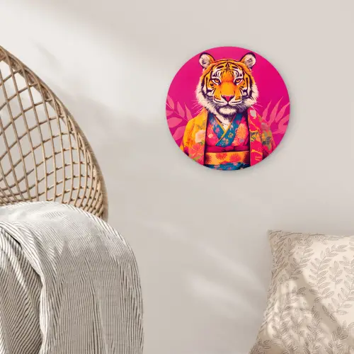 Tijger - Kimono - Planten - Roze Wandcirkel kunststof plaat 5mm dik klein -sfeer5
