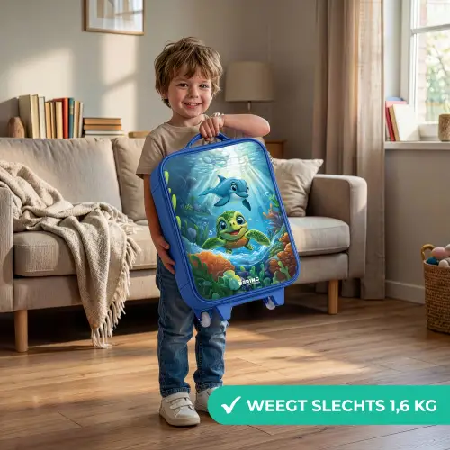 Schildpad en dolfijn in blauwe oceaan Kinderkoffer - Blauw klein -sfeer2_NL