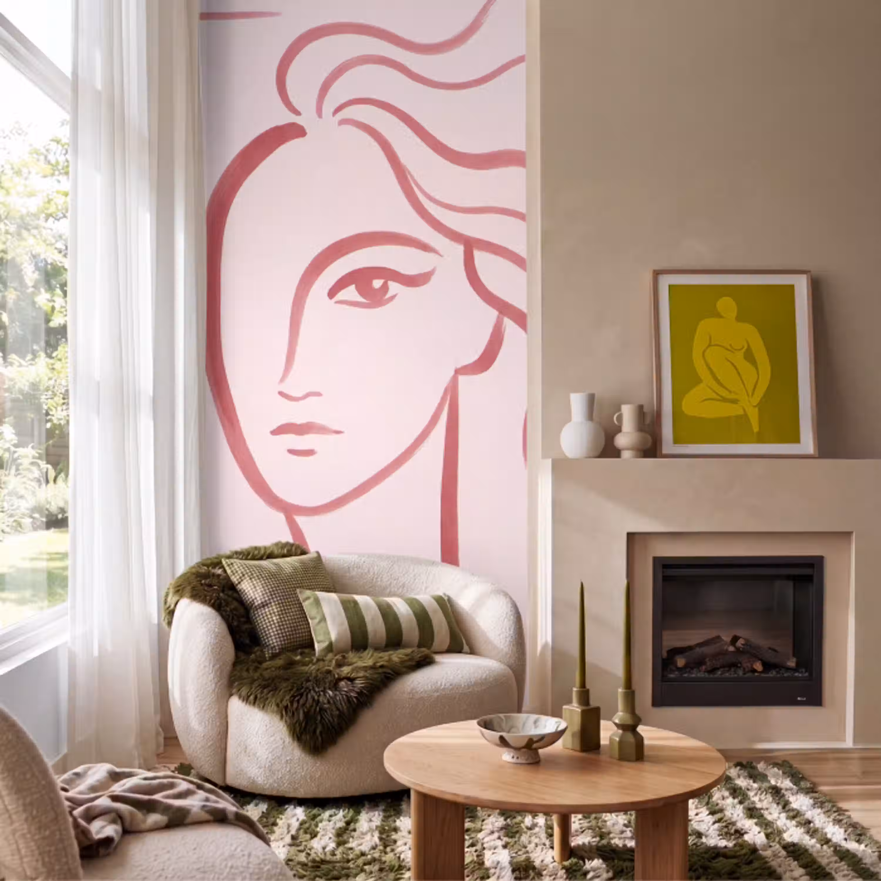 Vrouw - Portret - Abstract - Lijnkunst - Rood Behang Vlies klein -sfeer2