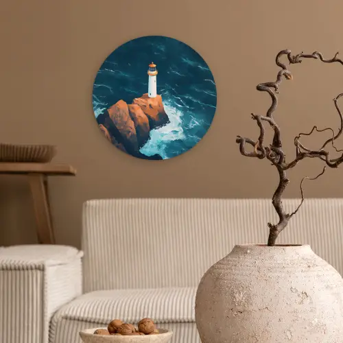 Vuurtoren - Rots - Zee - Golven Wandcirkel kunststof plaat 5mm dik klein -sfeer1