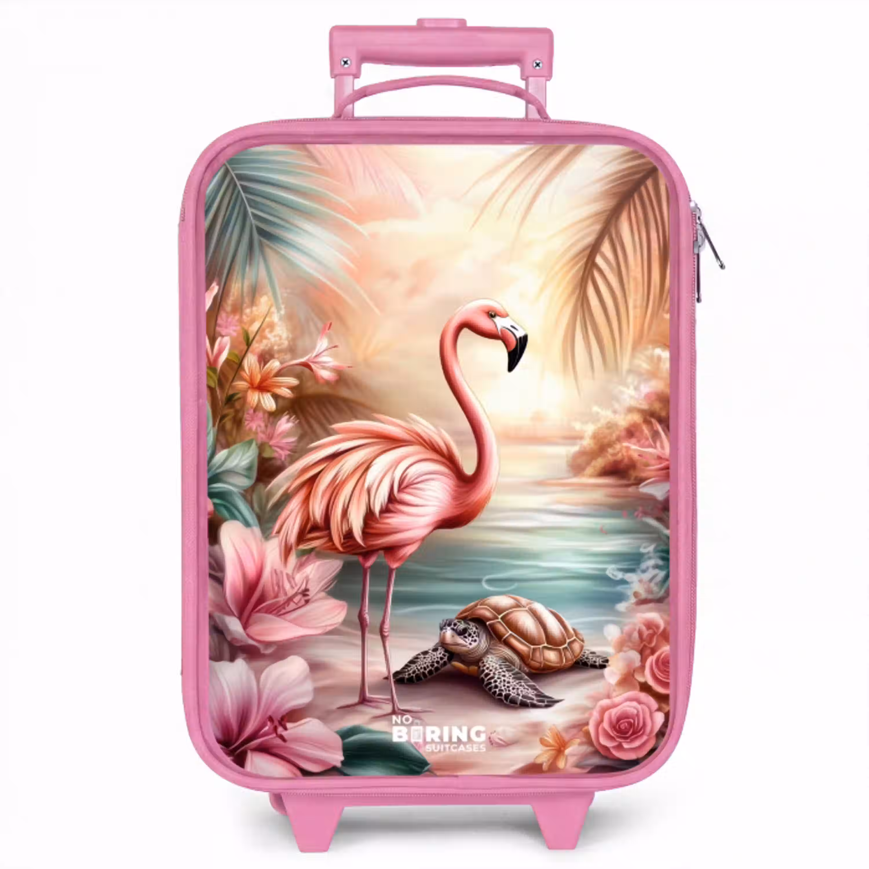 Flamingo en schildpad op een roze strand. Kinderkoffer - Roze klein -zzz_website3d