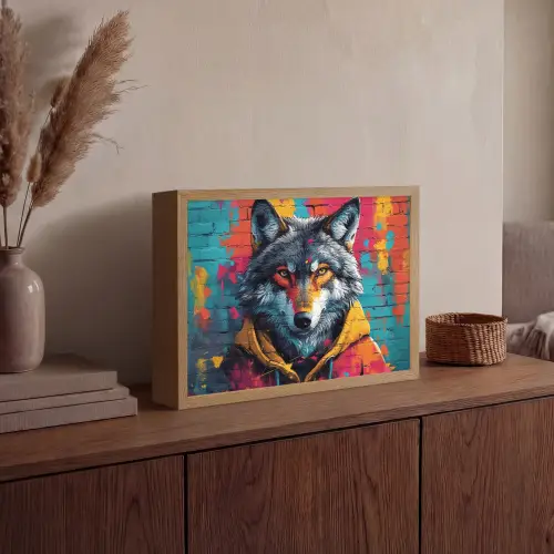 Graffiti - Wolf - Street art - Blauw Light Box met batterij (Wandlamp) middel -sfeer2
