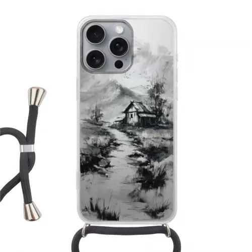Hut - Grijs - Bergen - Mistig Hoesje iPhone 16 Pro Max met koord klein -3d