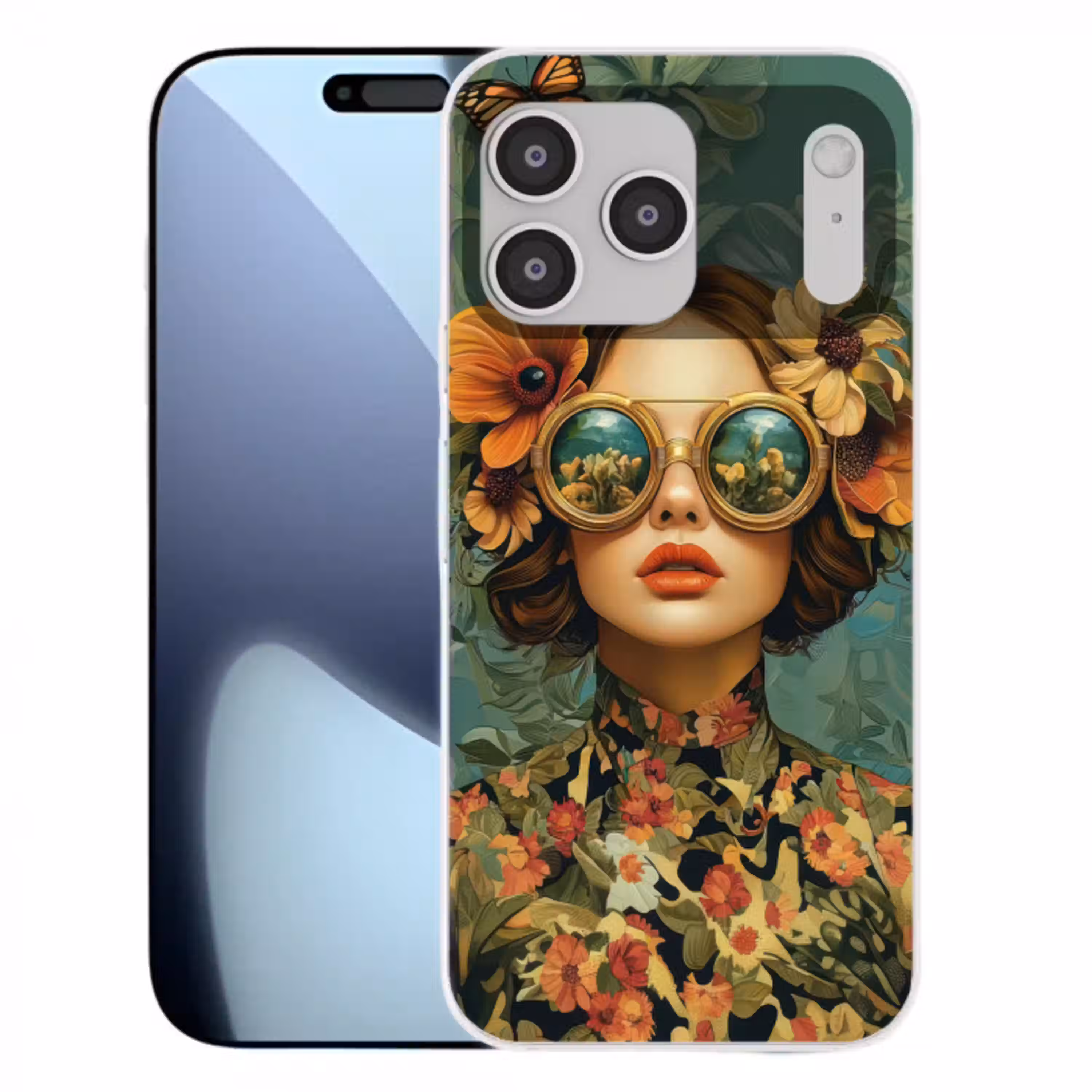 Vrouw - Bloemen - Vlinders - Natuur - Vintage Telefoonhoesje iPhone 17 Pro Max klein -3d