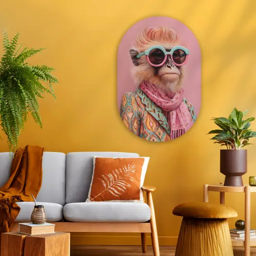 Sjaal - Aap - Zonnebril - Jasje Wandcirkel Ovaal Glas middel -sfeer4