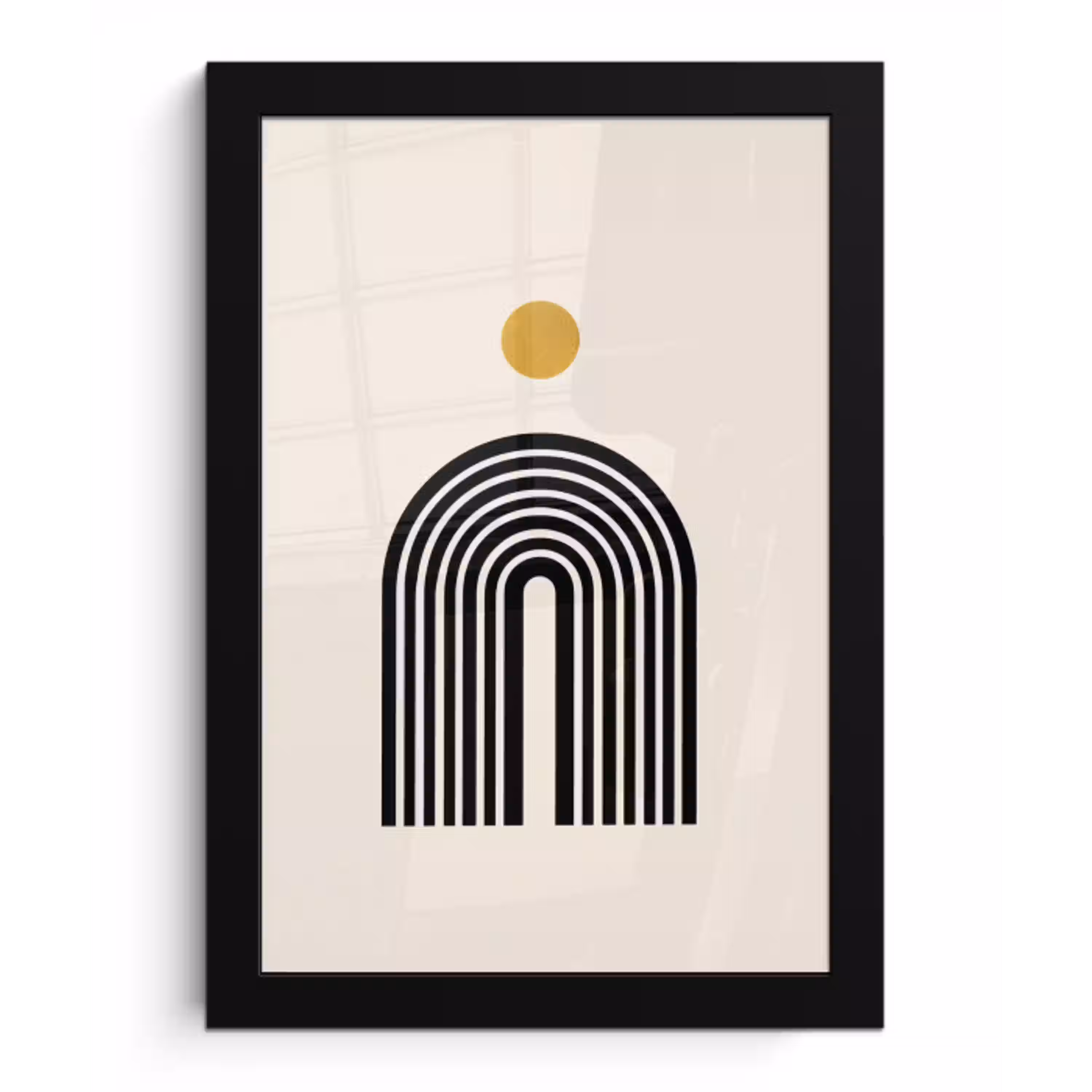 Minimalistisch - Zwarte boog - Gouden cirkel fotolijst zwart zonder passe partout klein -3d