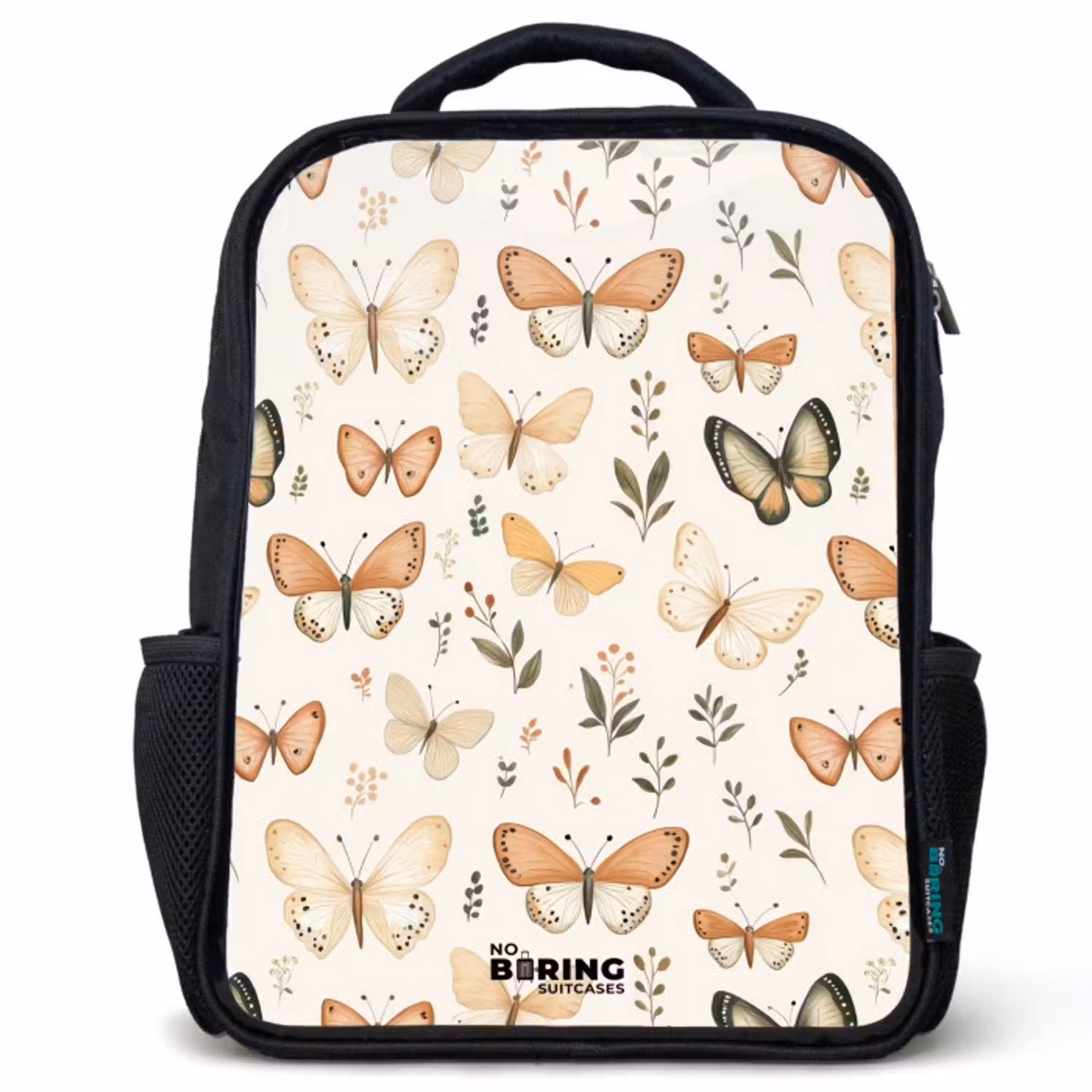 Vlinders in beige en oranjetinten tussen groene blaadjes Rugzak - Zwart middel -3d