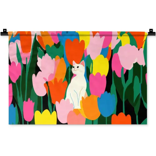 Tulpen - Kat - Kleurrijk Wandkleed katoen klein -zz3d