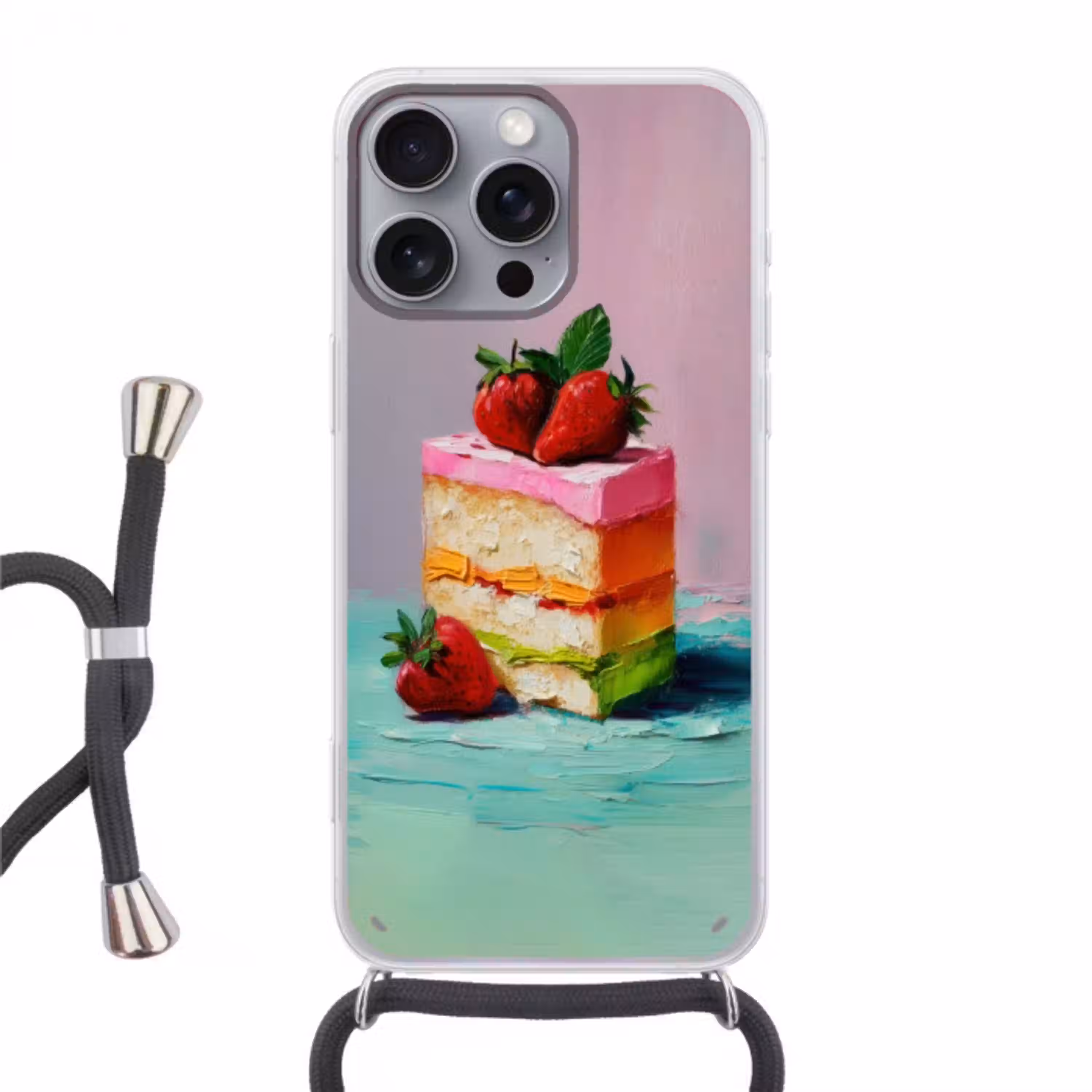 Taartje - Aardbeien - Glazuur - Kleurrijk Hoesje iPhone 16 Pro Max met koord klein -3d