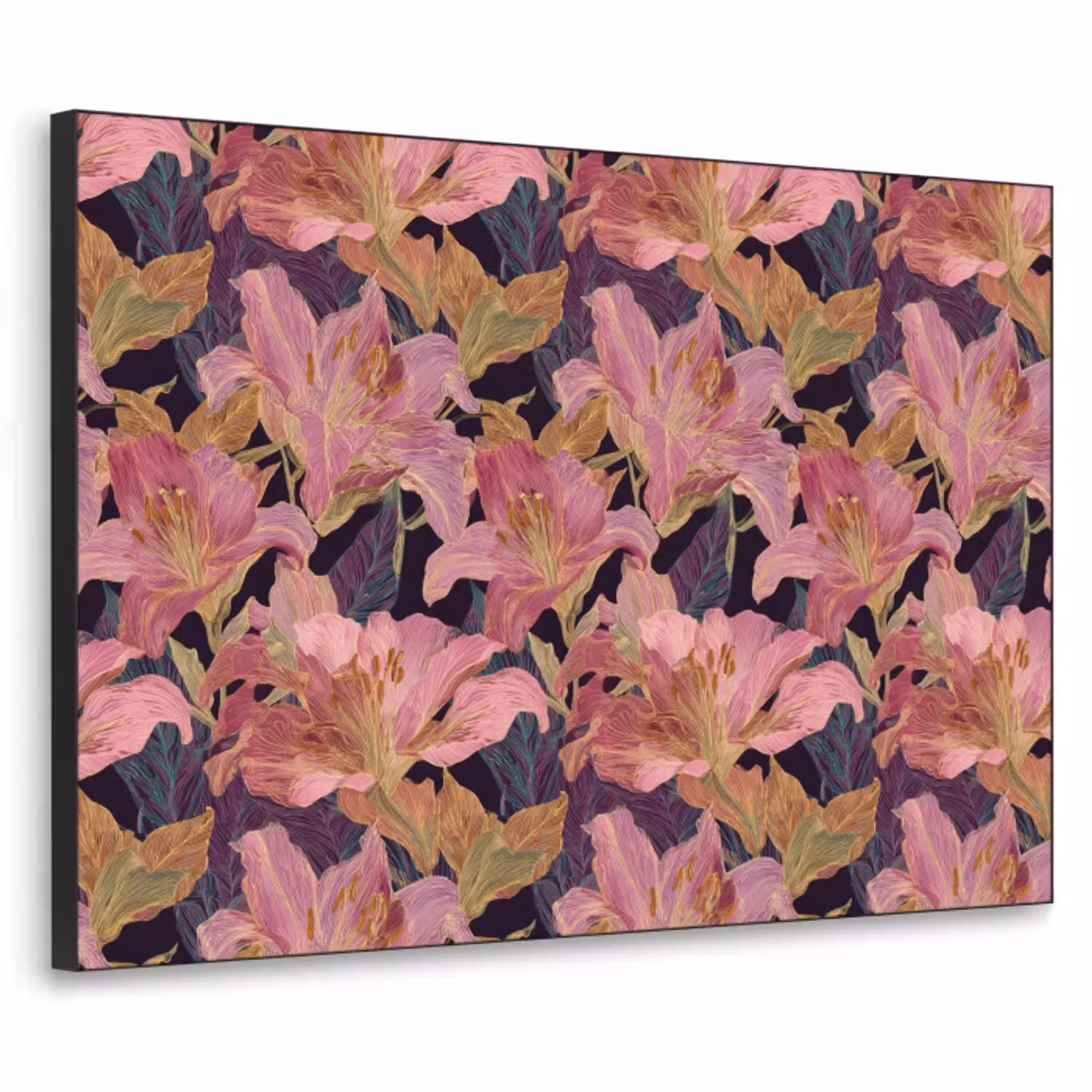 Lelies - Patroon - Roze - Goud Textielframe zwart klein 947 -3d
