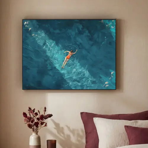 Vrouw - Water - Bikini - Oranje Textielframe - compleet frame klein -sfeer1