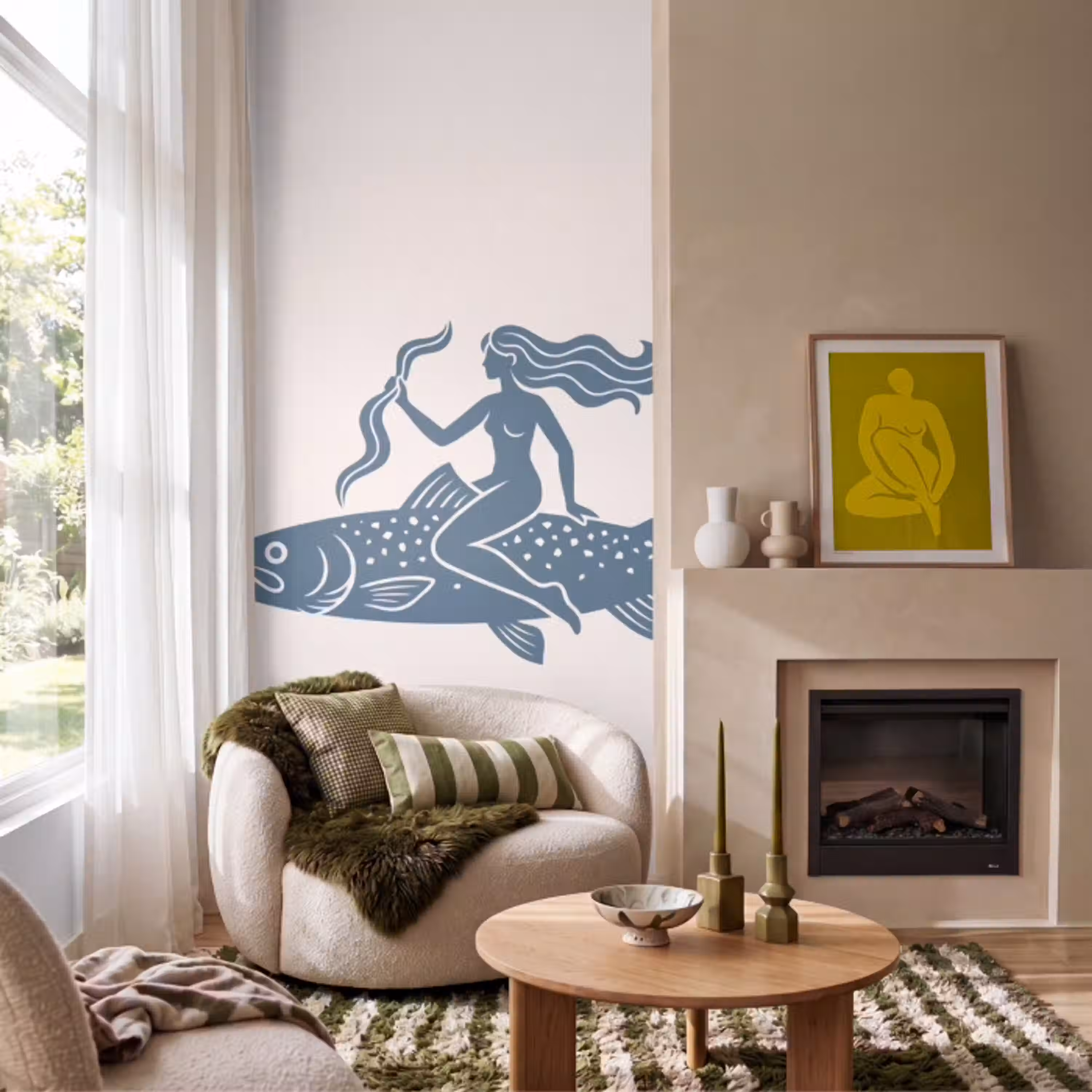 Vrouw - Vis - Fantasie - Abstract - Blauw Behang Vlies klein -sfeer2
