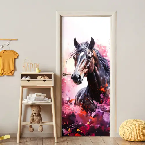 Paard - Dieren - Meisje - Roze deurposter klein -sfeer4