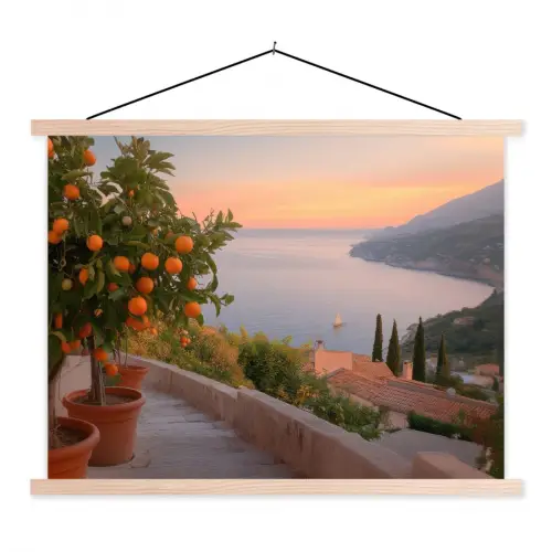 Middelandse zee - Sinaasappel - Heuvels - Zee textielposter latten blank klein -3d