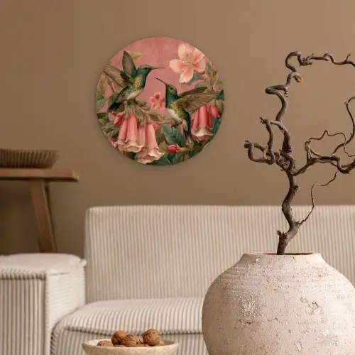 Kolibries - Bloemen - Groen - Roze Wandcirkel kunststof plaat 5mm dik klein -sfeer1