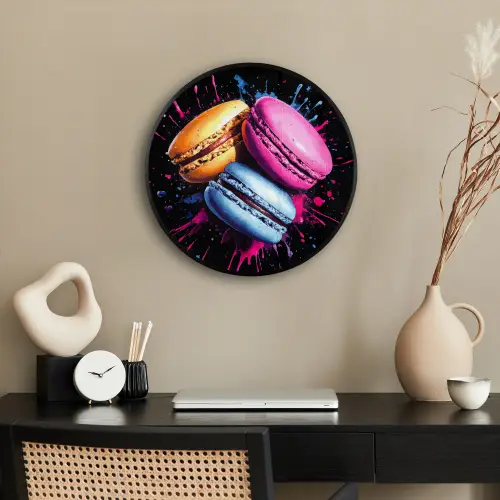 Macarons - Dessert - Graffiti - Kleurrijk - Roze - Blauw - Geel Fotolijst rond zonder passe partout klein -sfeer1