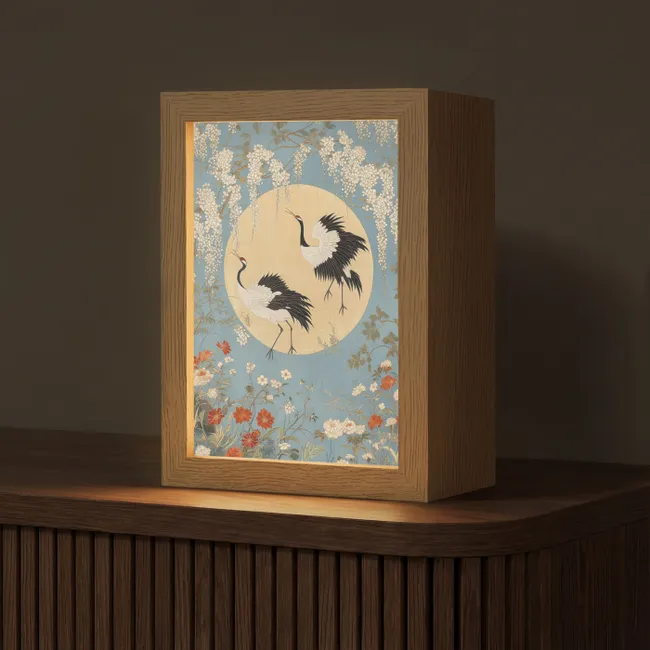 Tafellamp - Kraanvogels - Maan - Bloemen - Blauw