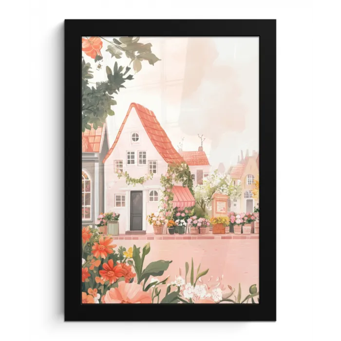 Bloemen - Huizen - Dorp fotolijst zwart zonder passe partout klein -3d