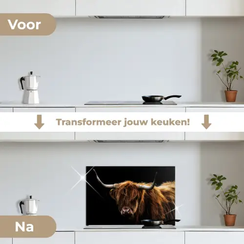 Schotse Hooglander - Horens - Zwart - Dieren - Natuur - Wild - Koe keuken achterwand spatscherm klein -voor_na_NL