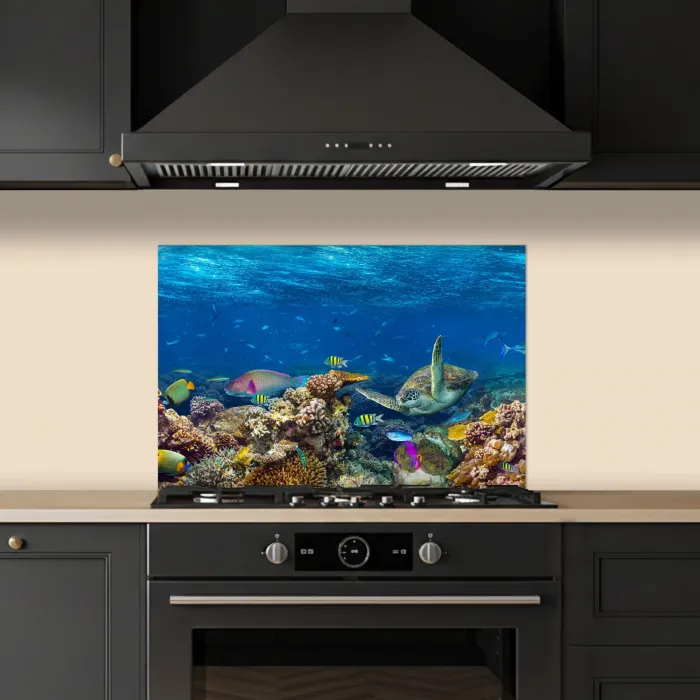Onderwaterlandschap - Vissen - Schildpad - Blauw keuken achterwand spatscherm klein -sfeer1