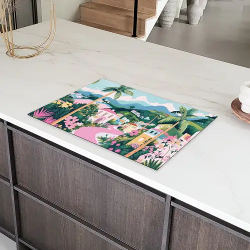 Kleurrijk - Huizen - Heuvels - Roze Inductie beschermer vinyl 3mm klein -sfeer8