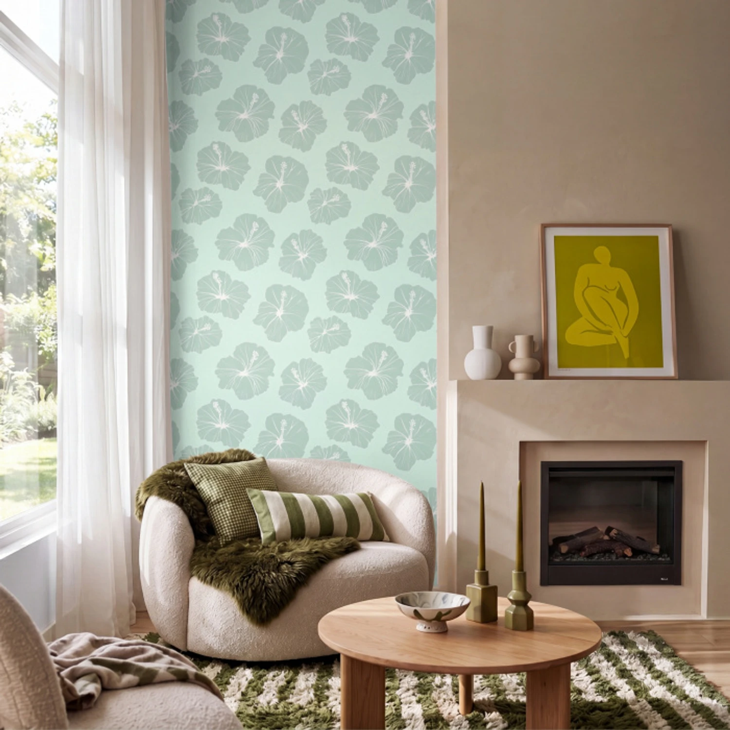 Bloemen - Hibiscus - Mint Behang Vinyl klein 1060 -sfeer2