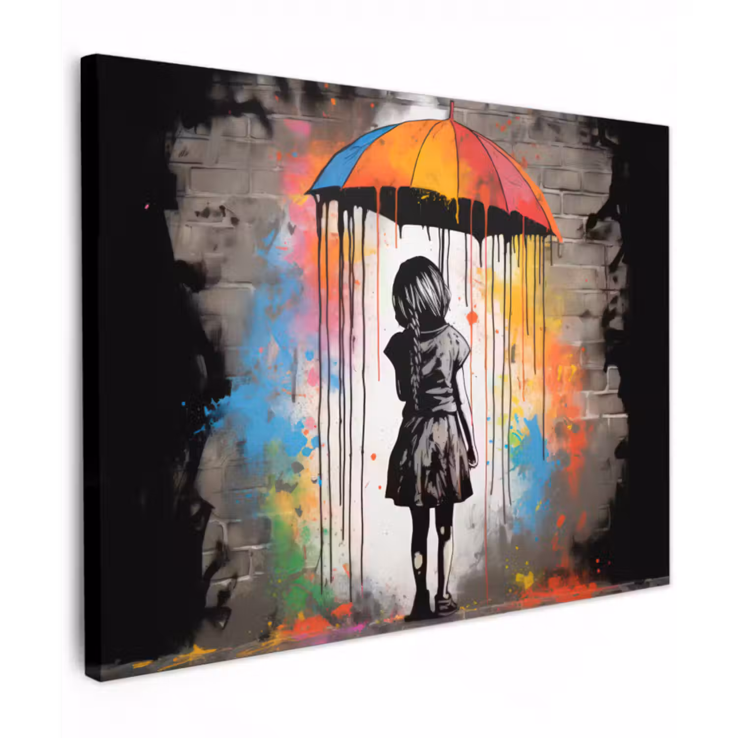 Leinwandbild - Mädchen - Kunst - Regenschirm - Graffiti - Farben - Wand