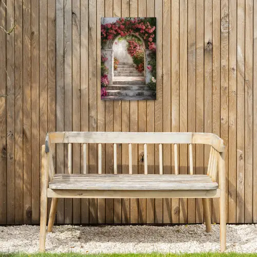 Doorkijk - Rozen - Vintage - Poort Tuinposter op houten frame 2 cm dik klein -sfeer4