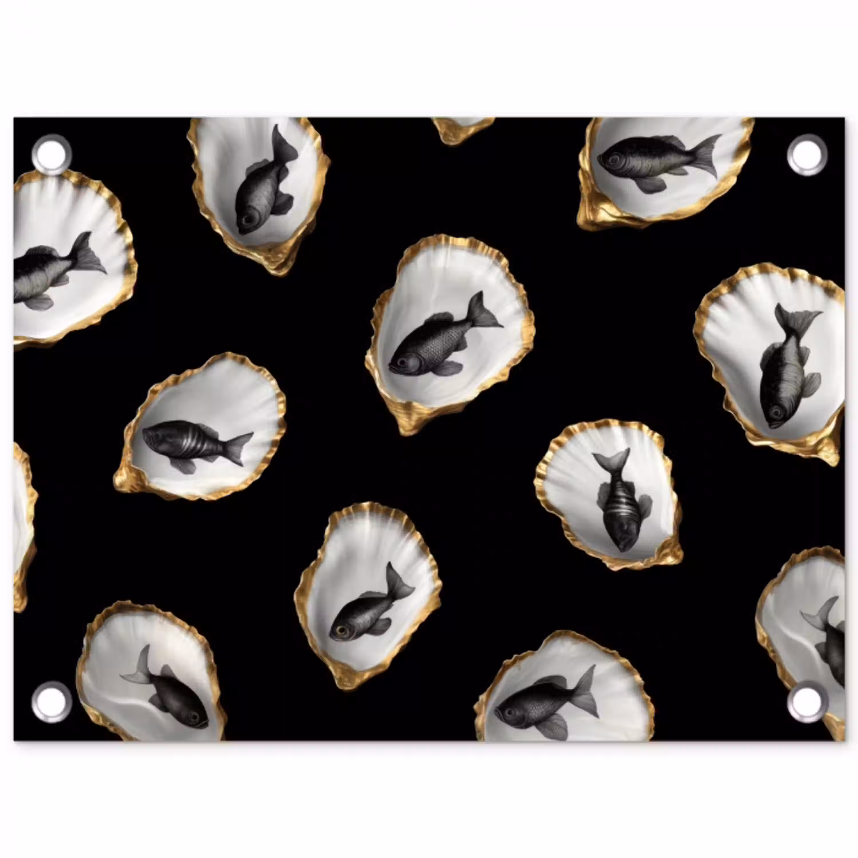Oesters - Zwart - Vissen - Goud tuinposter los doek klein -3d