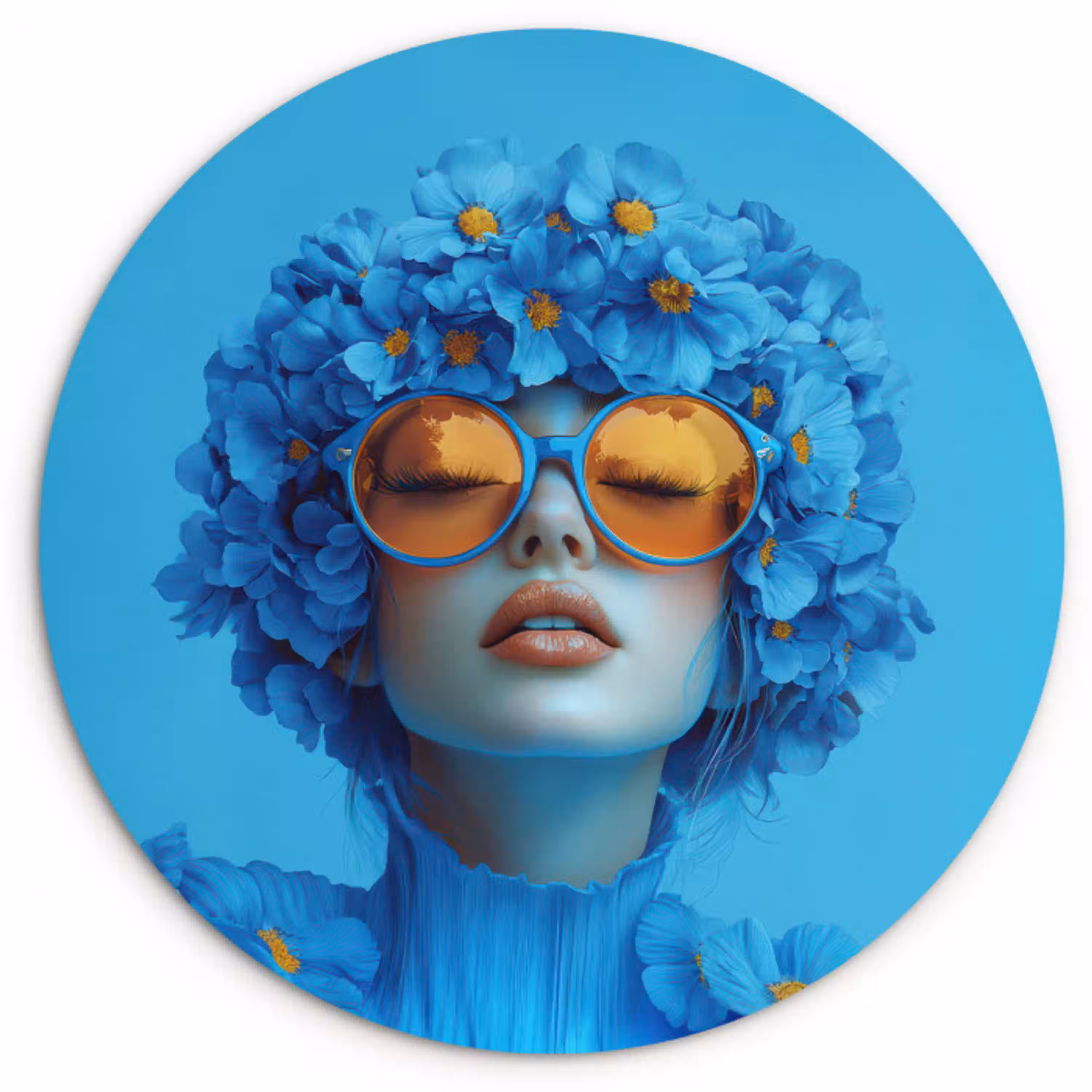 Vrouw - Bloem - Blauw - Modern - Bril - Portret Wandcirkel kunststof plaat 5mm dik klein -3d