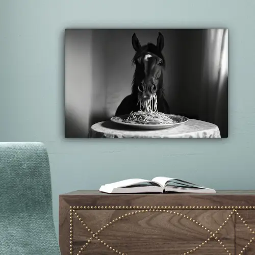 Paard - Bord - Pasta - Tafelkleed - Zwart Wit - Dieren canvas 2cm klein -sfeer4