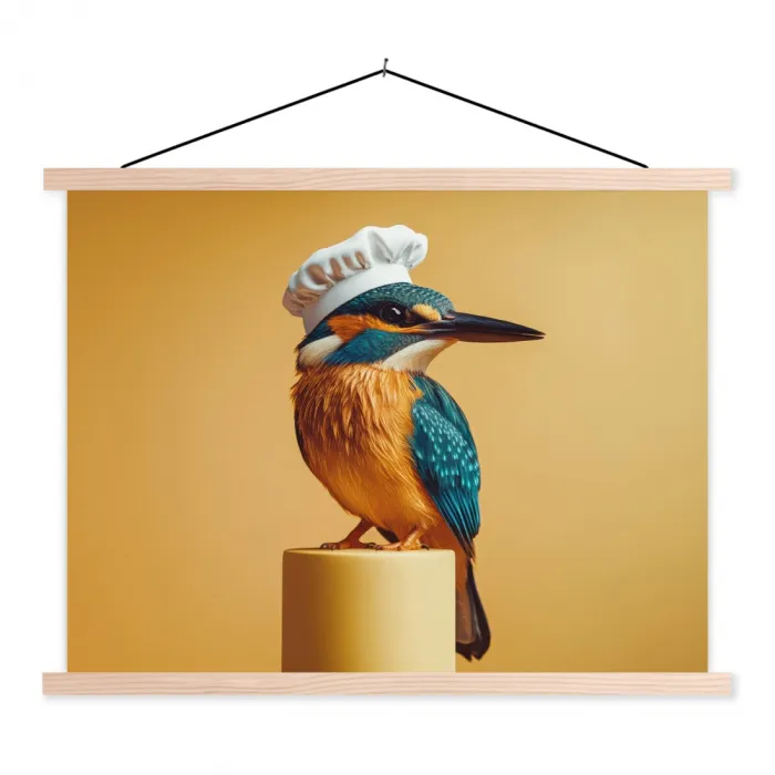 Ijsvogel - Pilaar - Koksmuts - Vogel textielposter latten blank klein -3d