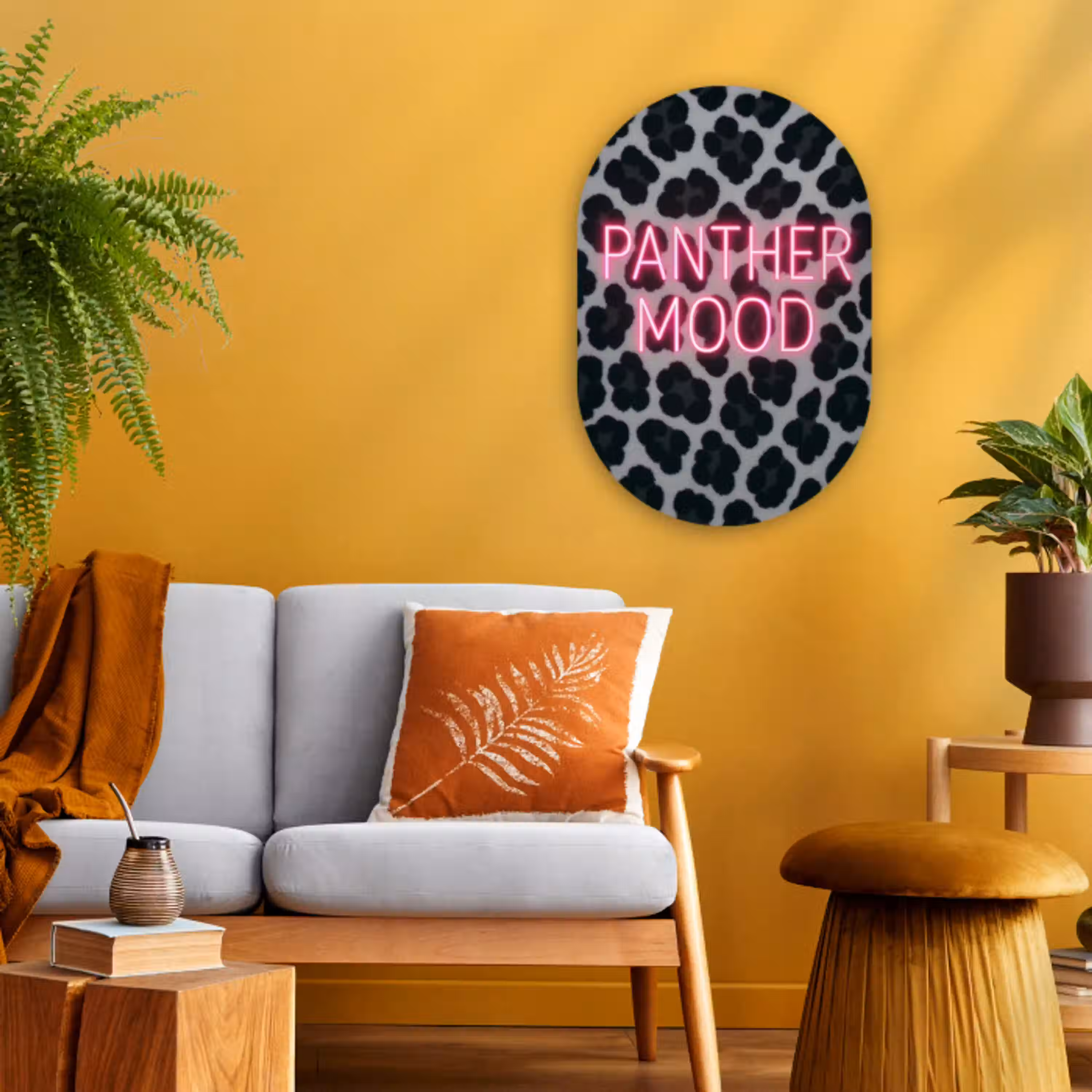 Panterprint - Zwart - Neonletters - Roze Wandcirkel Ovaal Forex klein -sfeer4