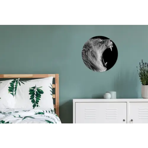 Dieren - Leeuw - Zwart - Wit - Portret Wandcirkel aluminium klein -slaapkamer