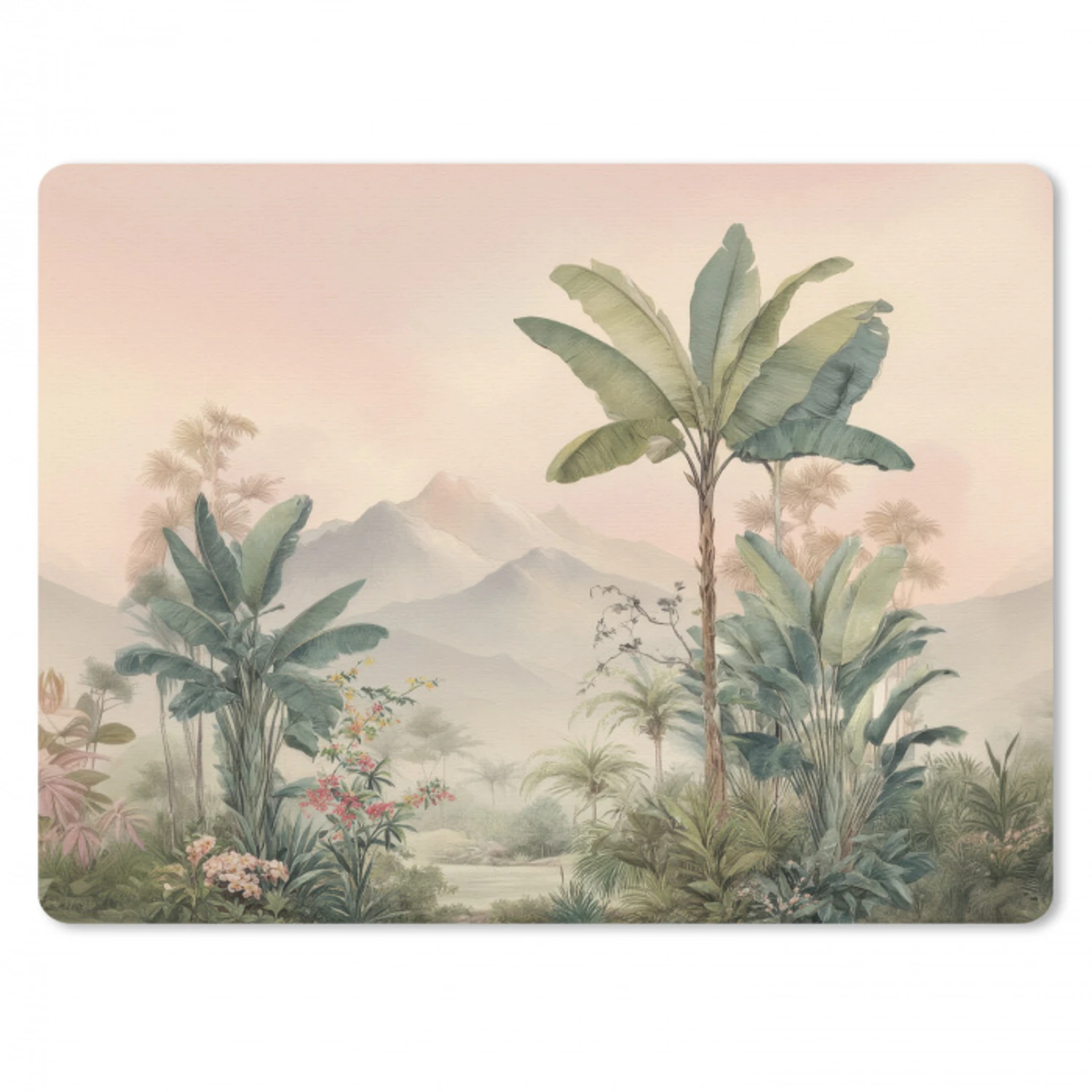 Tropisch landschap - palmbomen - Bloemen - Roze lucht muismat rubber klein -3d