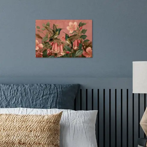 Kolibries - Bloemen - Groen - Roze poster papier klein -sfeer2