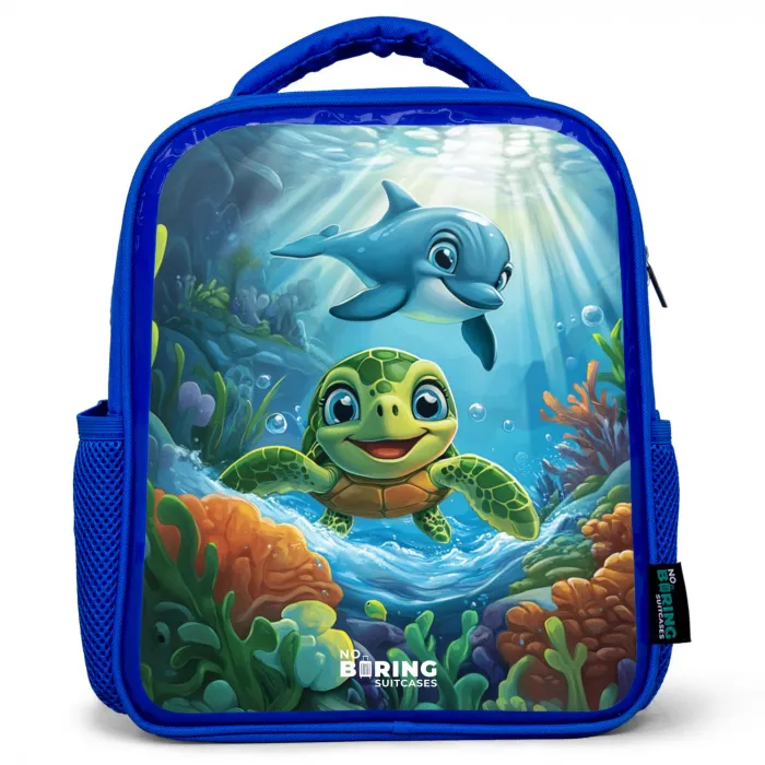 Schildpad en dolfijn in blauwe oceaan Kinderrugzak - Blauw middel -3d