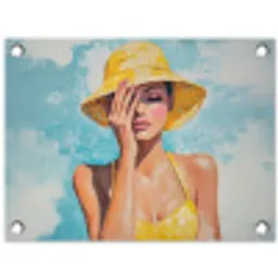 Schilderij - Vrouw - Hoed - Geel tuinposter los doek klein -3d