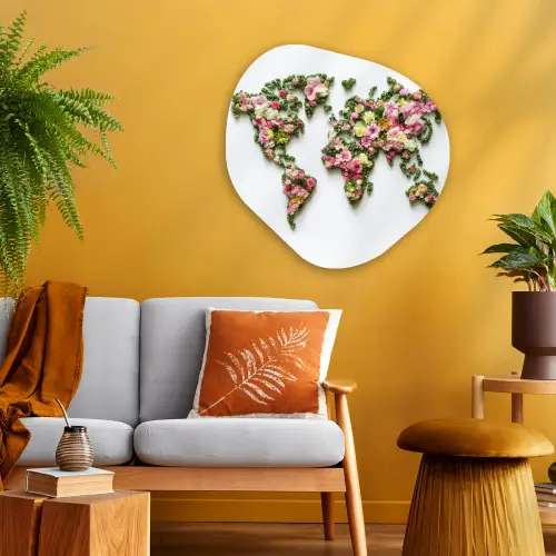 Wereldkaart - Kleurrijk - Bloemen - Lente Wandcirkel Organisch Aluminium middel -sfeer4