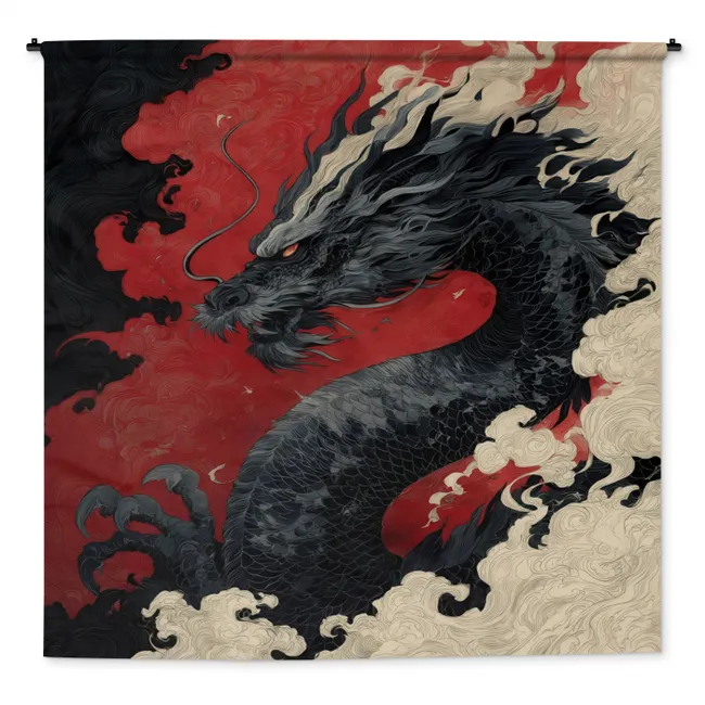 Wandkleed - Zwarte draak - Rookwolken - Rood