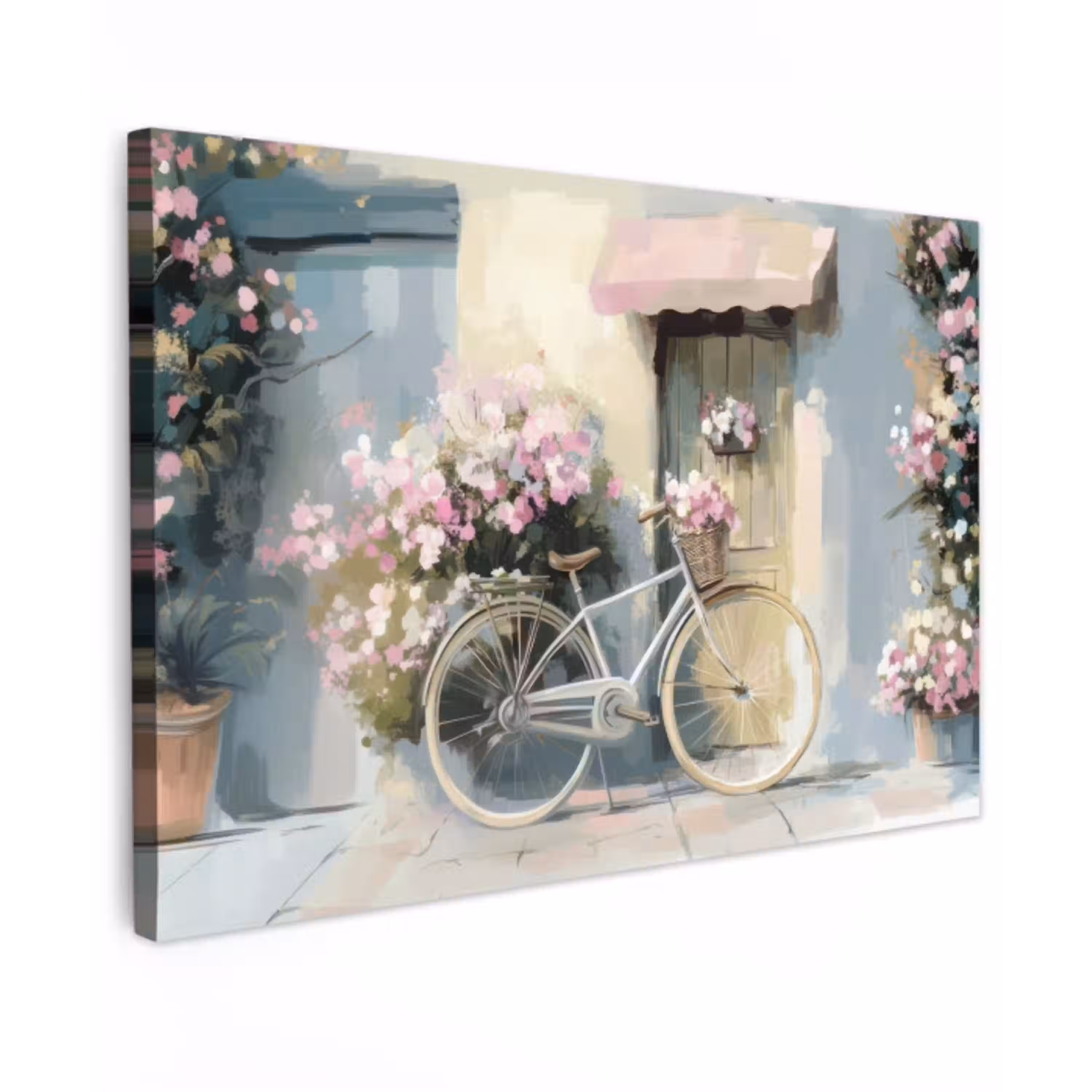 Fiets - Pastelkleuren - Bloemen Tuinposter op houten frame 2 cm dik klein -3d